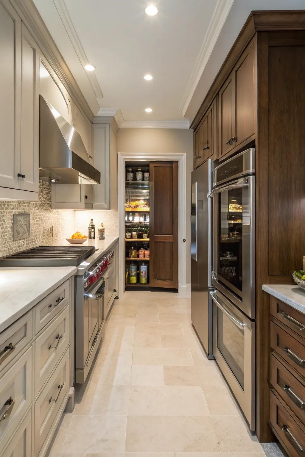 A hidden butler's pantry that keeps the kitchen tidy and organized.