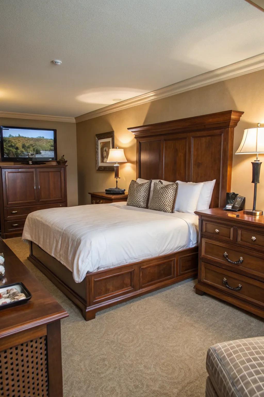 Smart technology adding modern functionality to a maple hardwood bedroom.