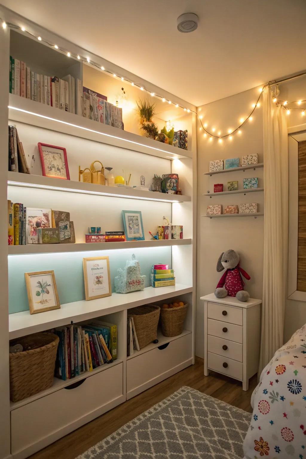 Built-in lighting on shelves adds warmth and focus.