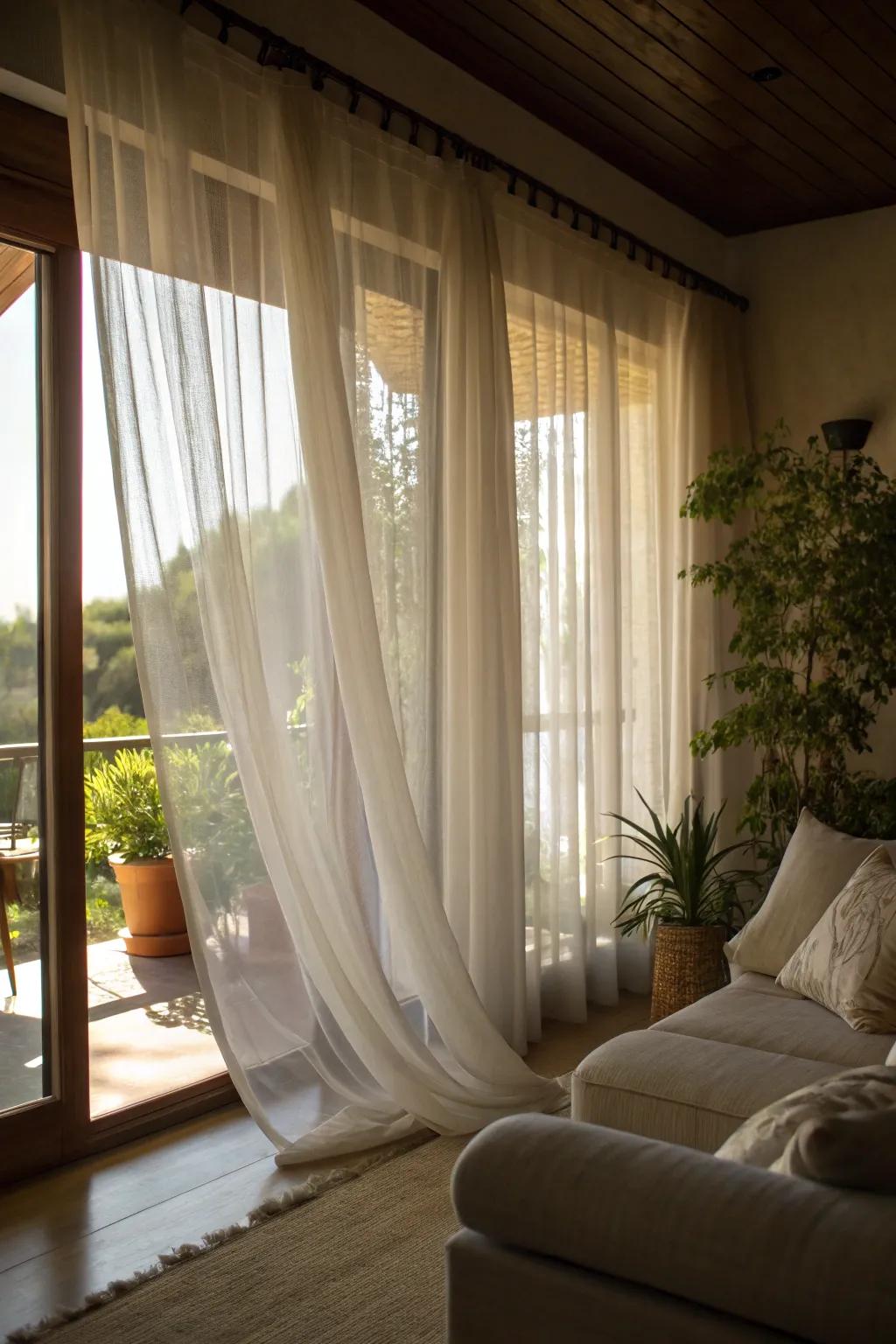 Airy window coverings fashioning a delicate and breezy room ambiance.