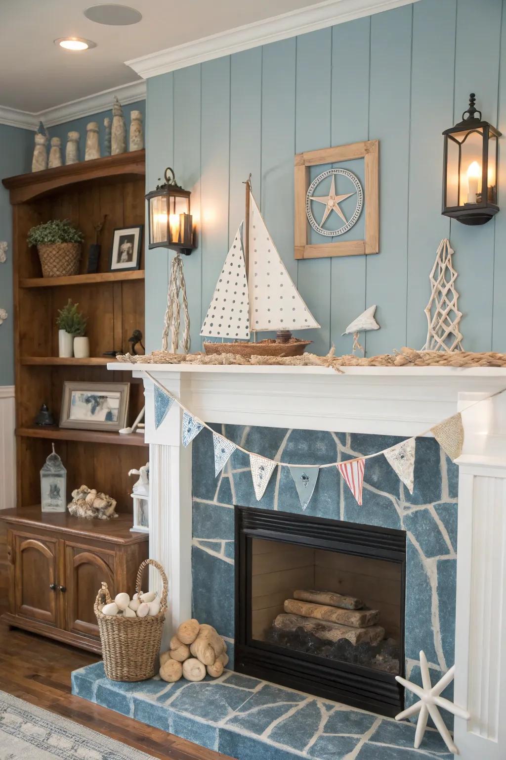 Seafaring themes positioned near the fireplace evoke a serene seaside getaway.
