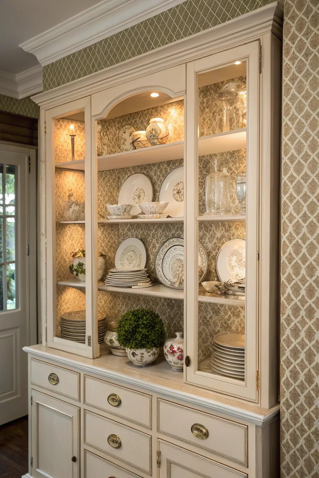 Textured wallpaper adds range to a display case exhibit.