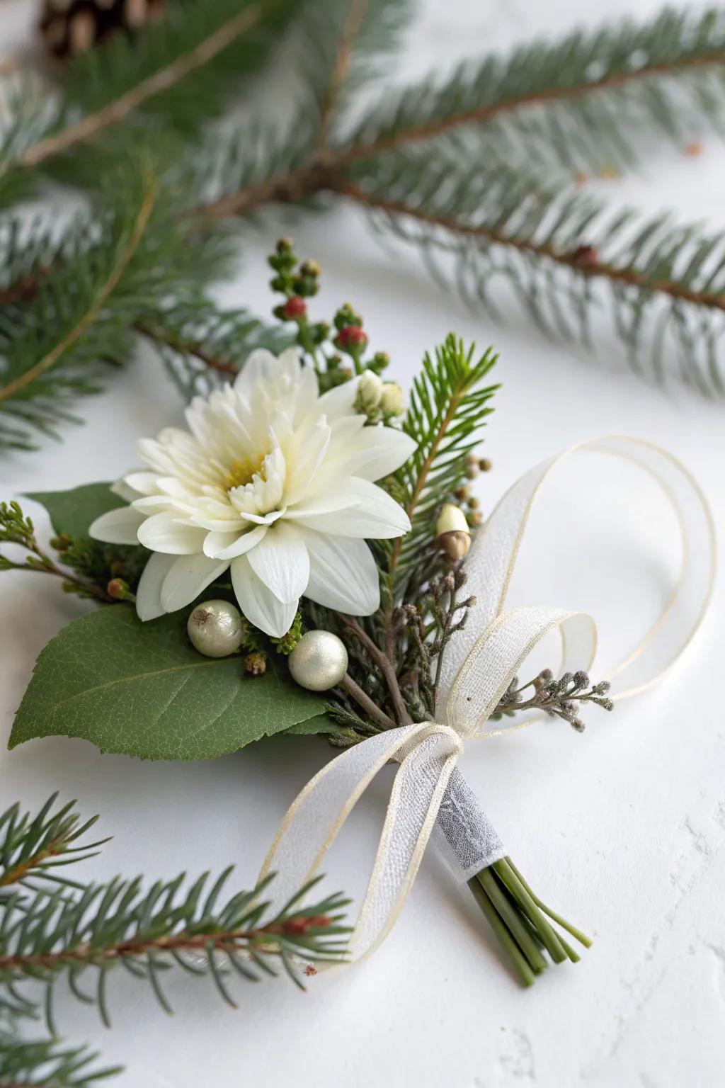 A chic minimalist Christmas corsage showcasing an ivory blossom.