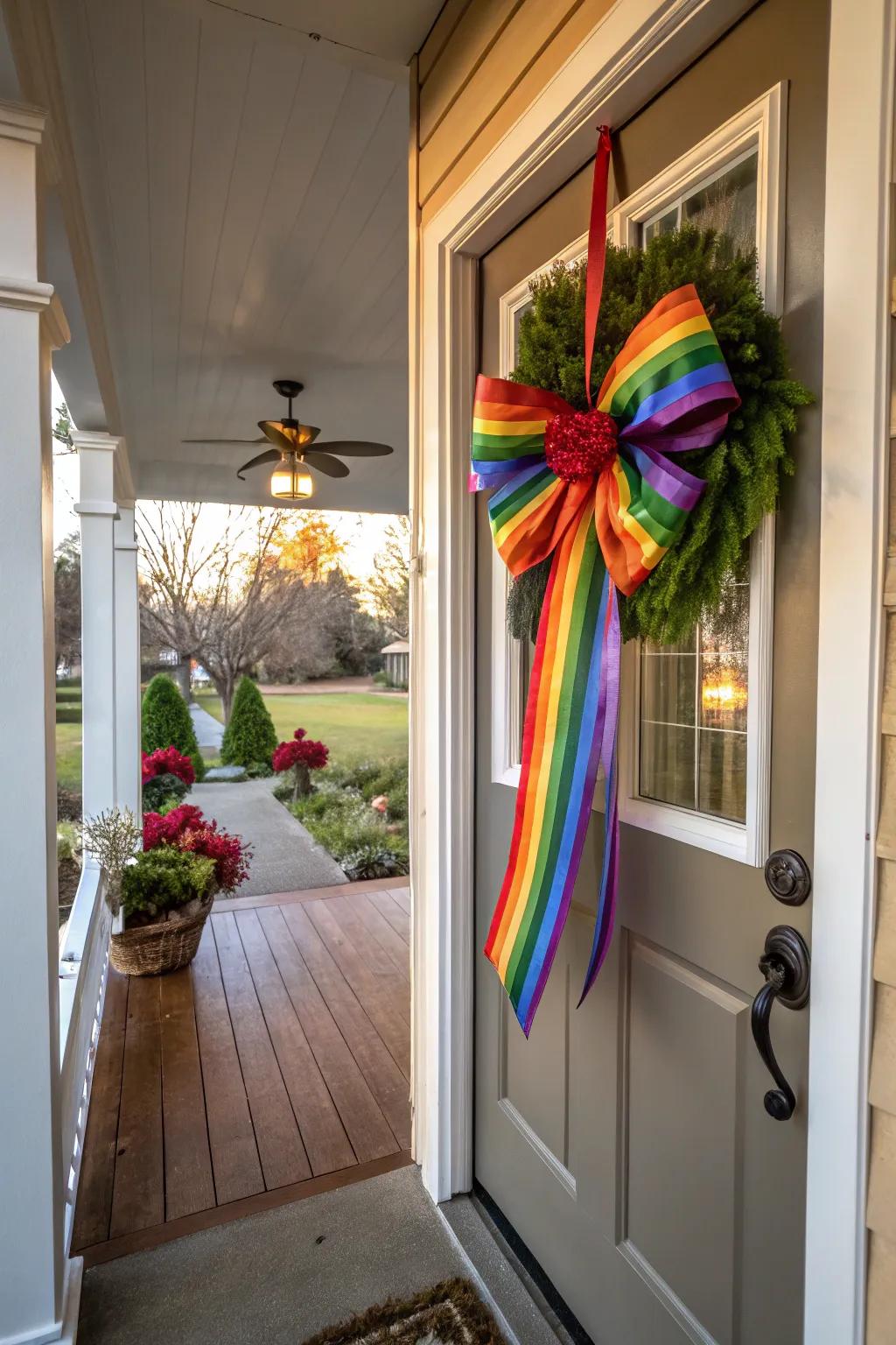 Brighten your holiday with a rainbow ribbon bow.