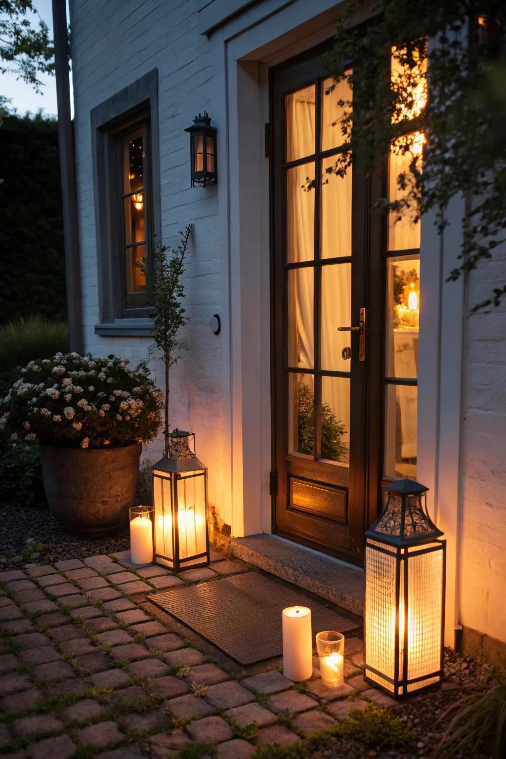 Lanterns light the way to this inviting holiday door.