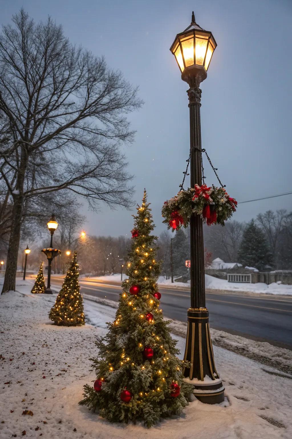 Scaled Christmas trees inject festive charm to the foundation of a lamp post.