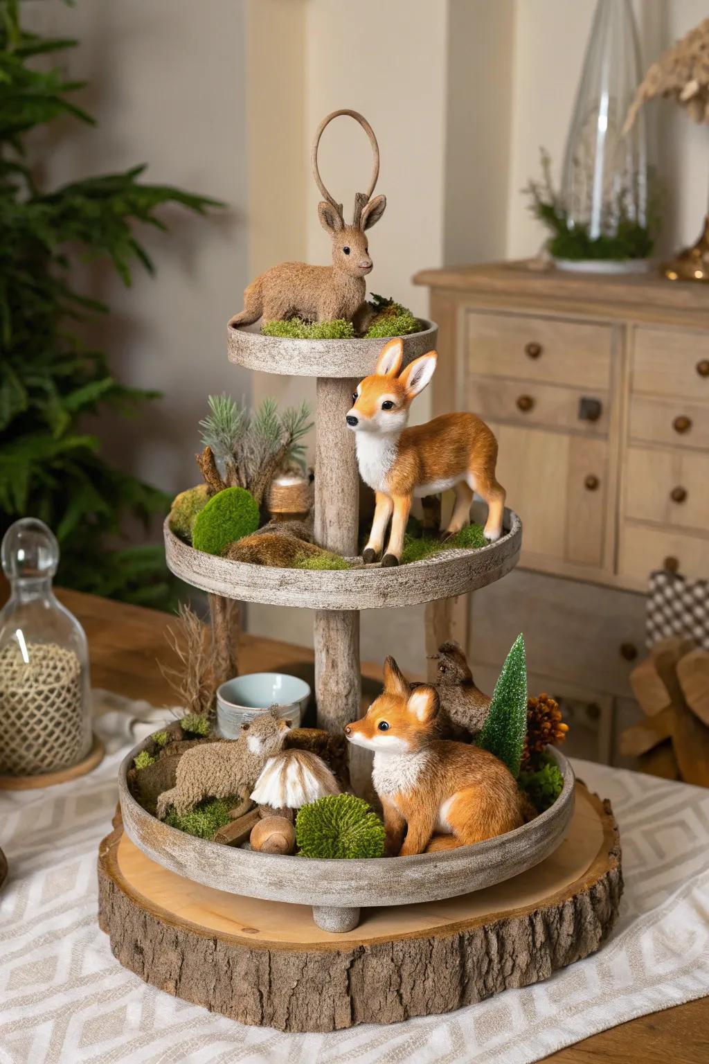 Forest creatures add enchantment to this tiered display.