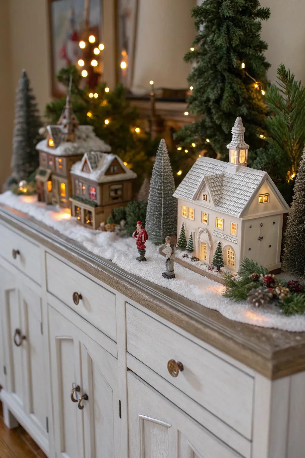 A delightful Yule hamlet scene featuring miniature abodes and trees.