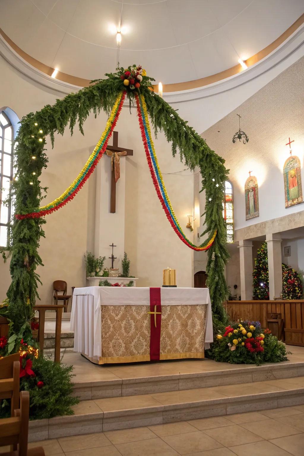 An altar decorated with festive garlands, creating a joyful and welcoming atmosphere.