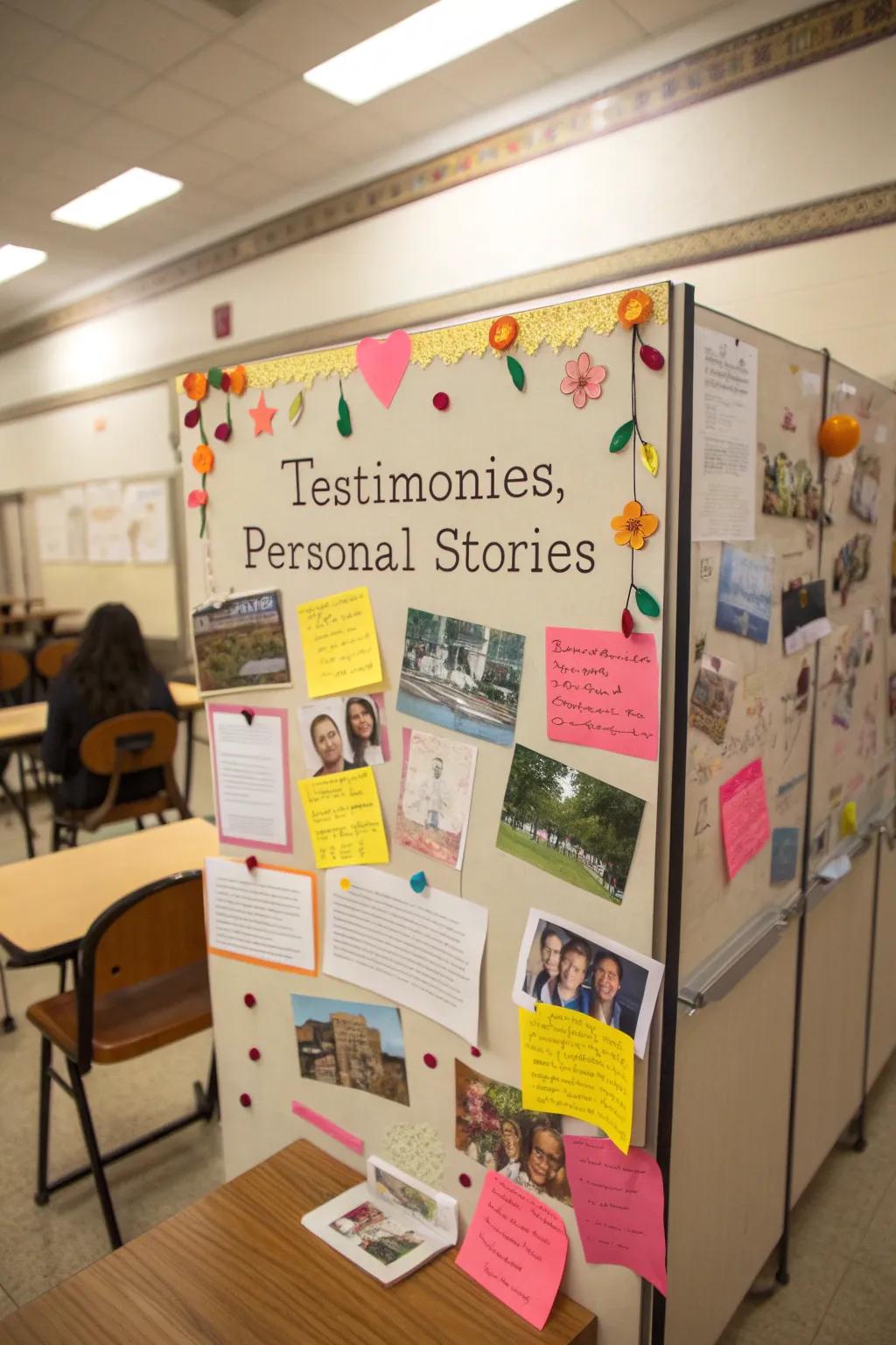 A bulletin board emphasizing personal stories from the community.