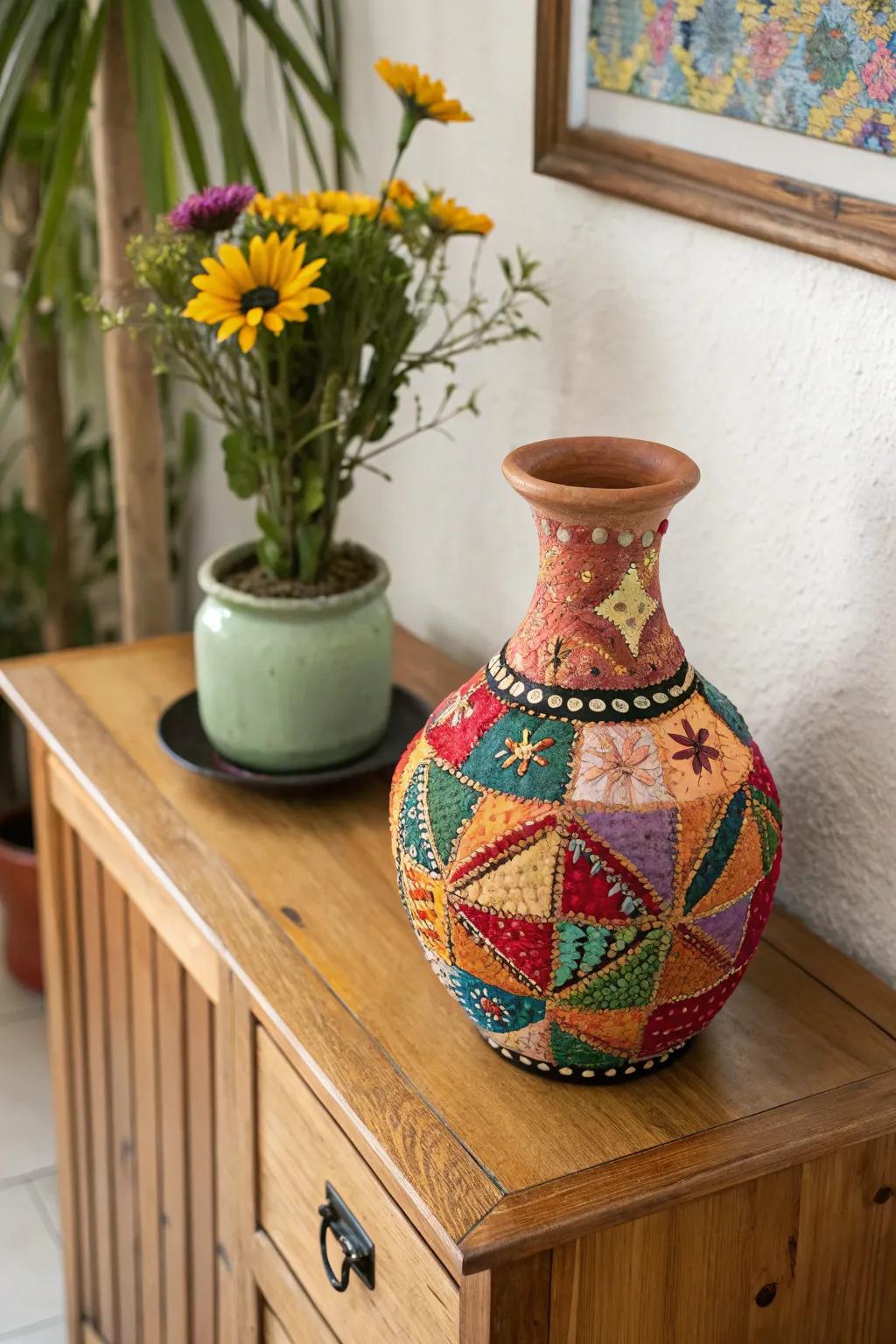 A patchwork design dirt pot adding diverse appeal to a room.