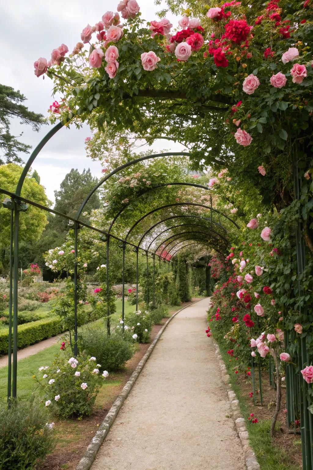 Enhance garden pathways with delightful climbing roses.