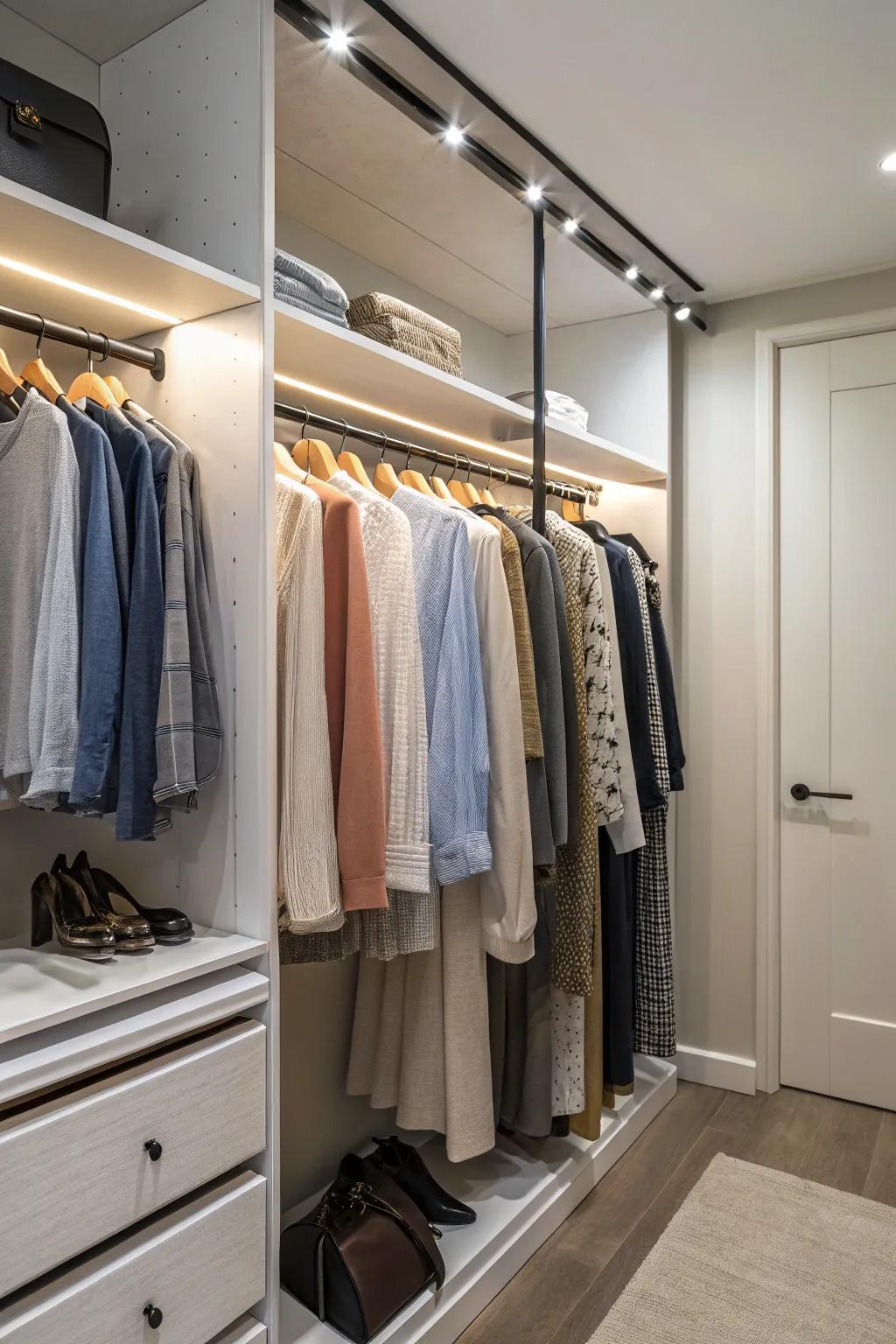 Rotating rods provide easy access in deep closet spaces.