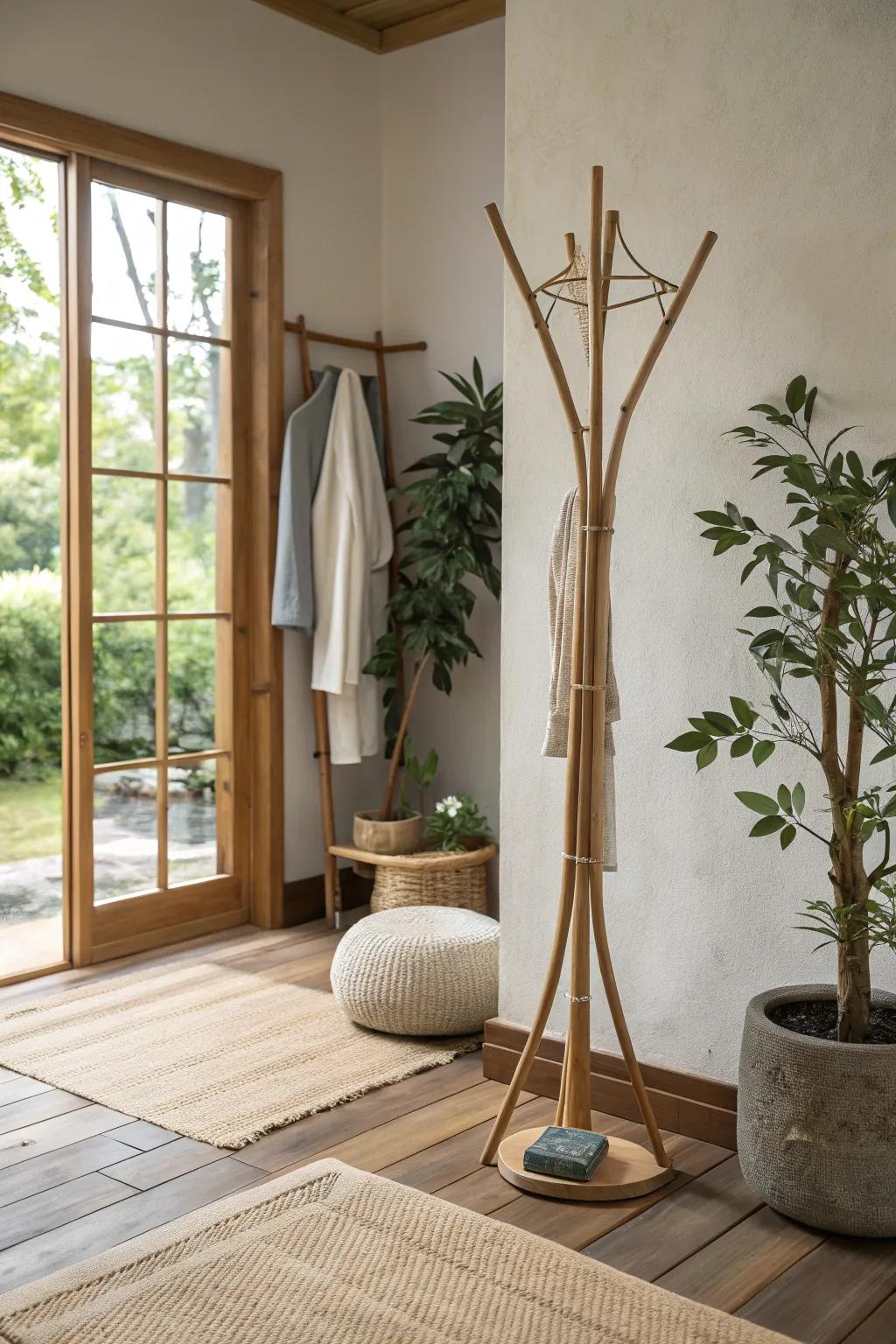 A bamboo coat upright, embodying simplicity and inherent elegance.