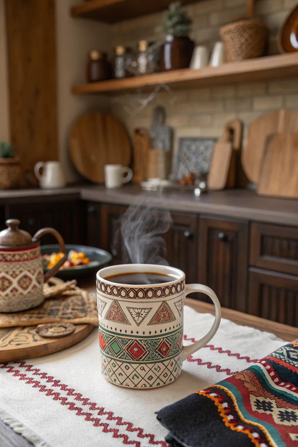 Cultural patterns offer a global touch to your cup collection.