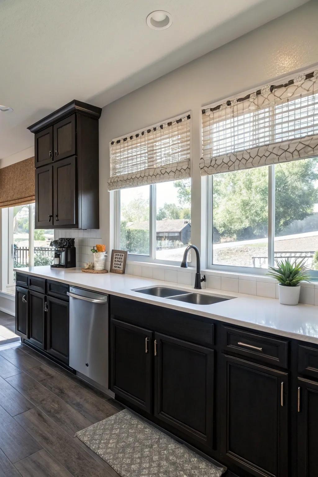 Dark cabinets bathed in sunlight for a warm and inviting kitchen.