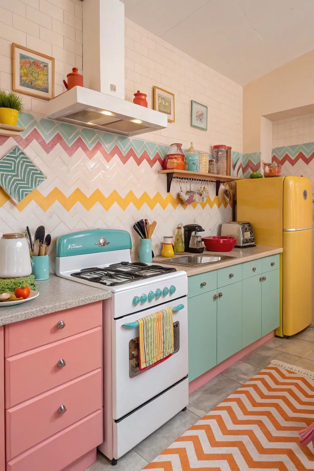 Retro appliances add a nostalgic and fun vibe to the kitchen.