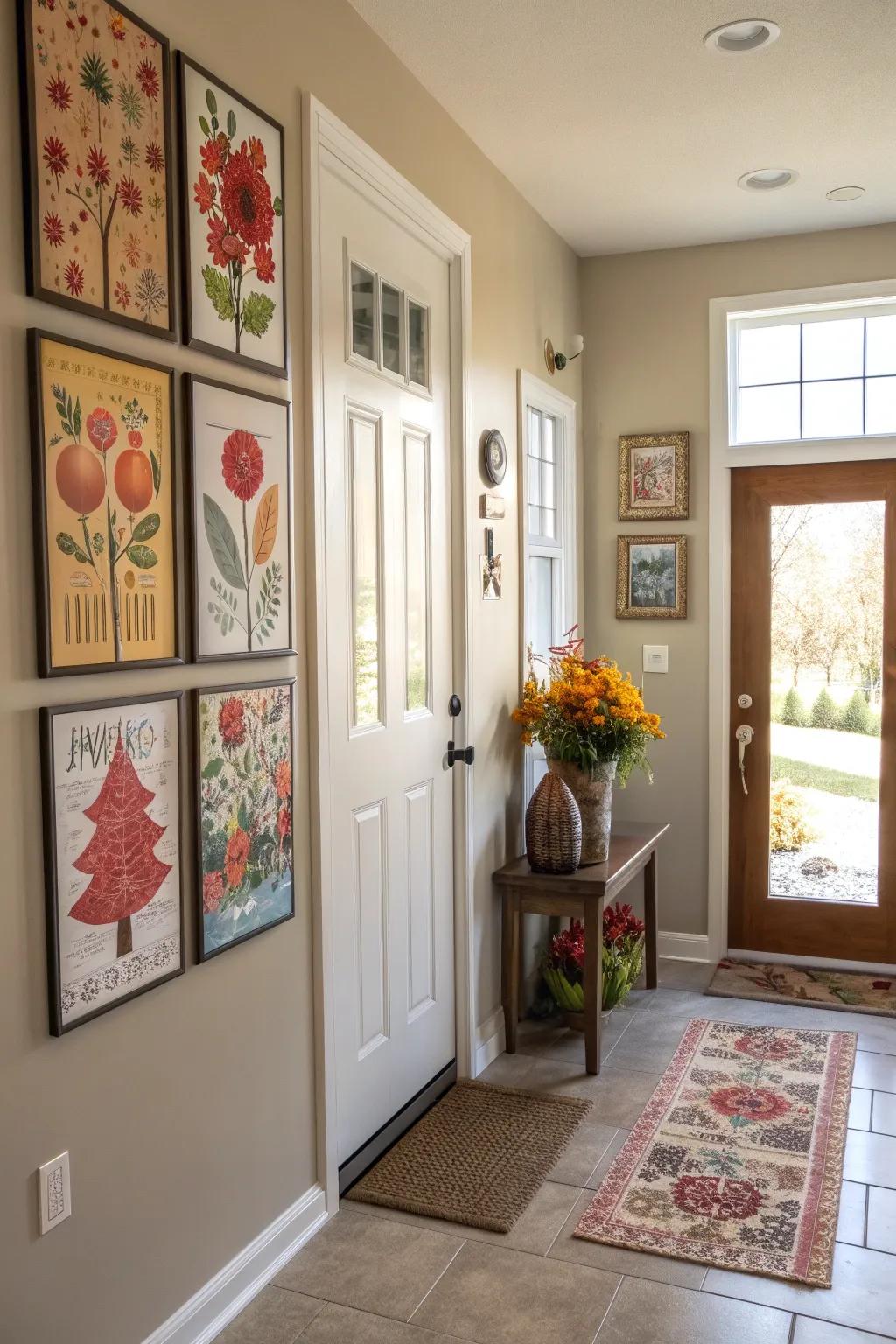 Seasonal themes posters keeping interior vibrant in a doorway.