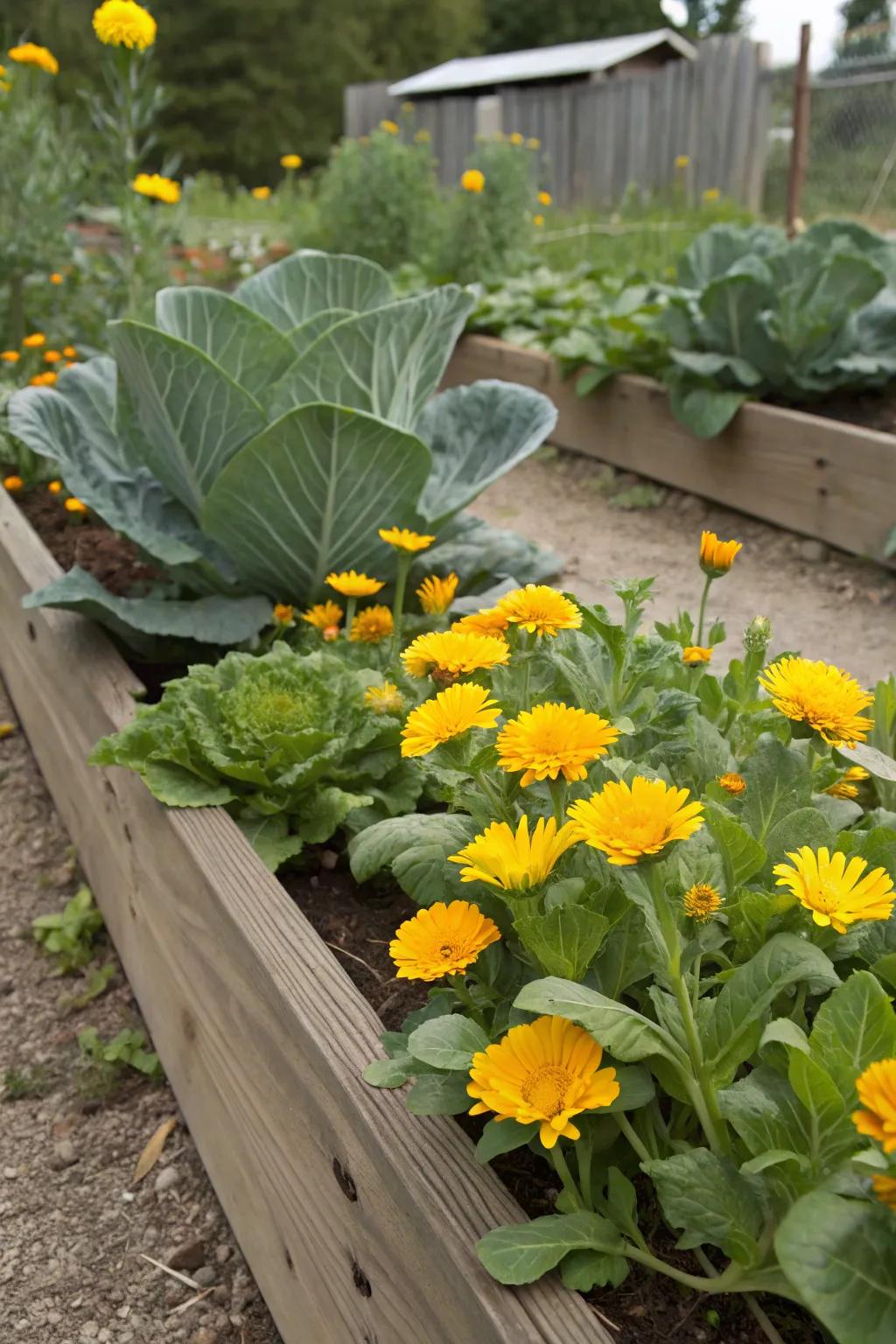 Blaze blooms and heading greens, a colorful and insect-repelling garden pair.