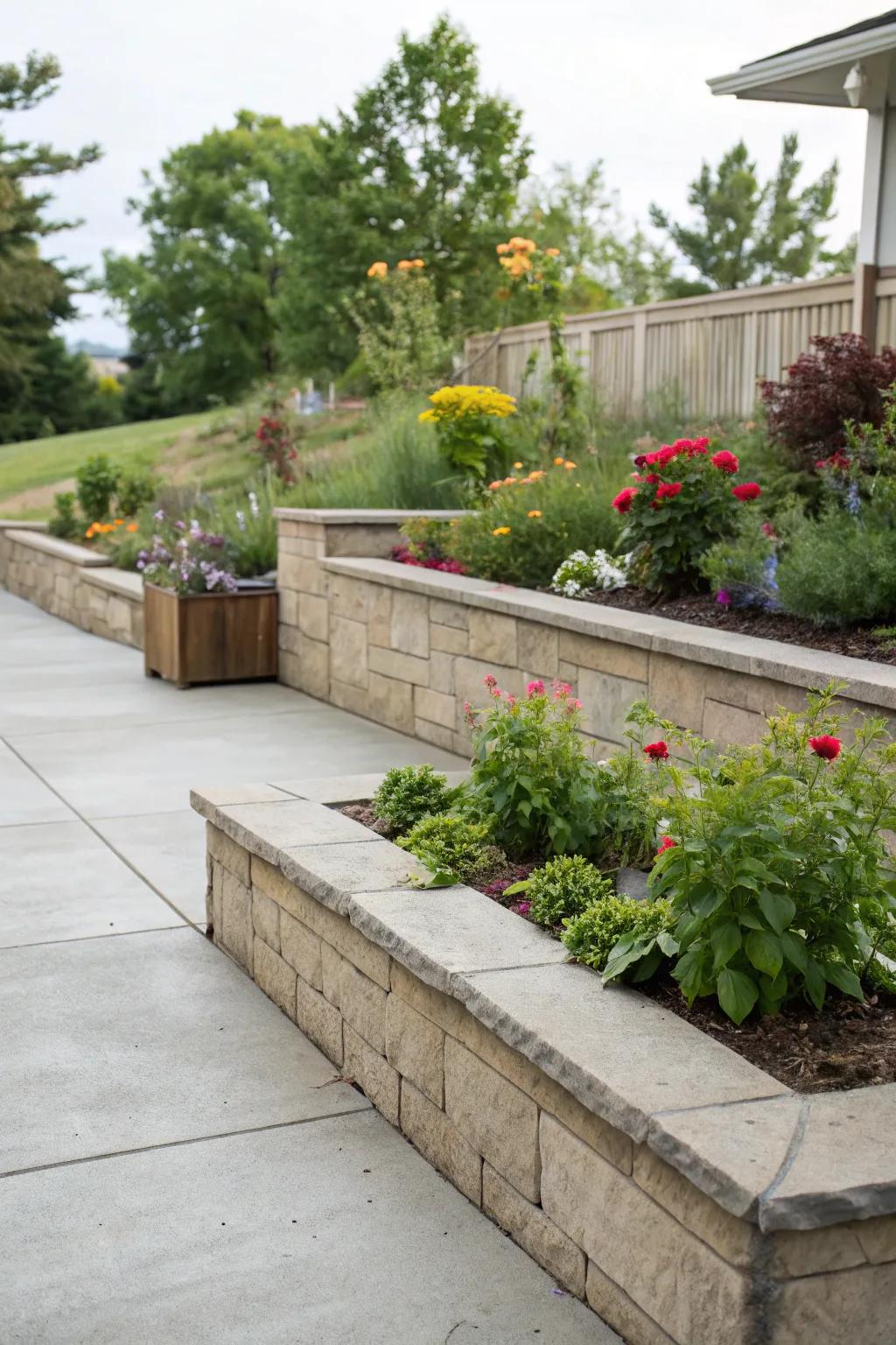 Retaining walls bring height and structure to patio borders.