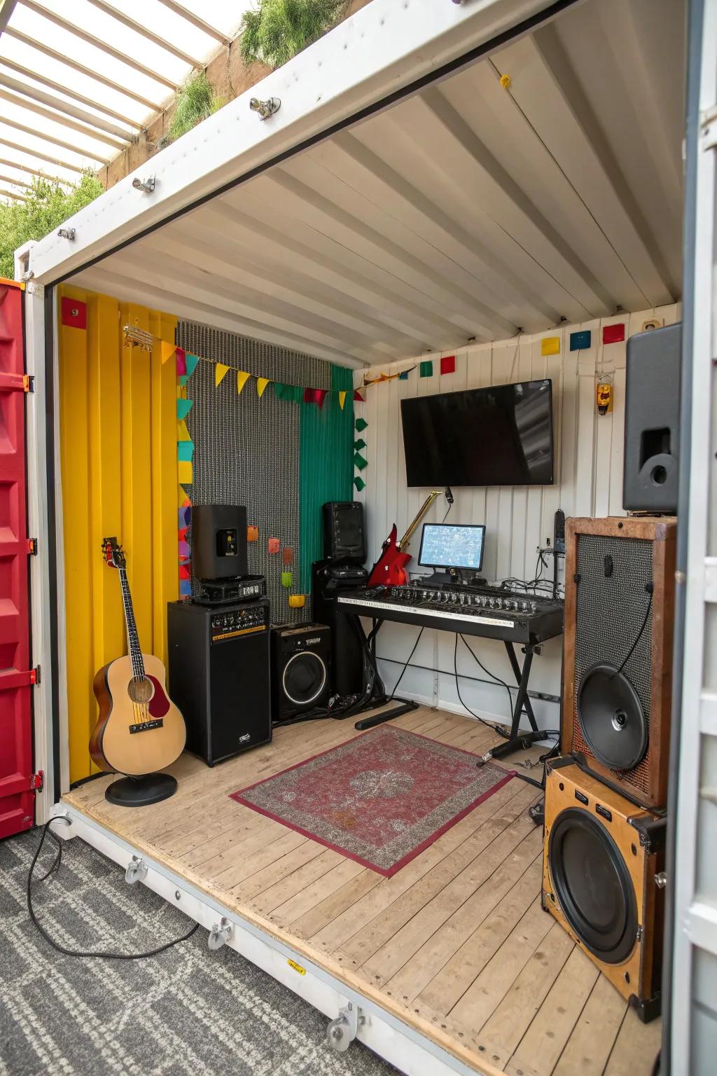 A container-based music area enables performers to practice and generate sounds at a designated location.