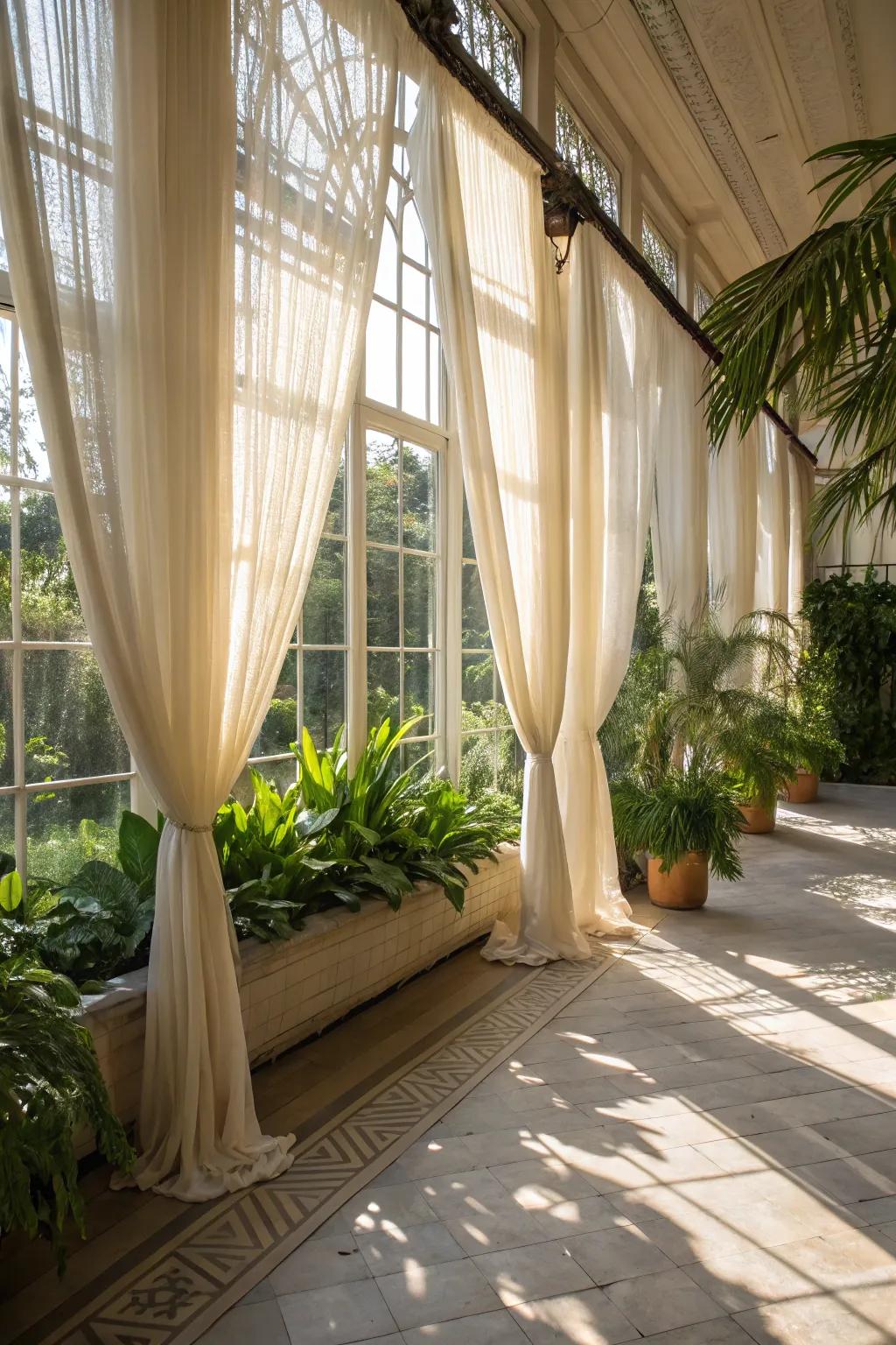 Thin drapes enhancing the light and airy feel of a conservatory.