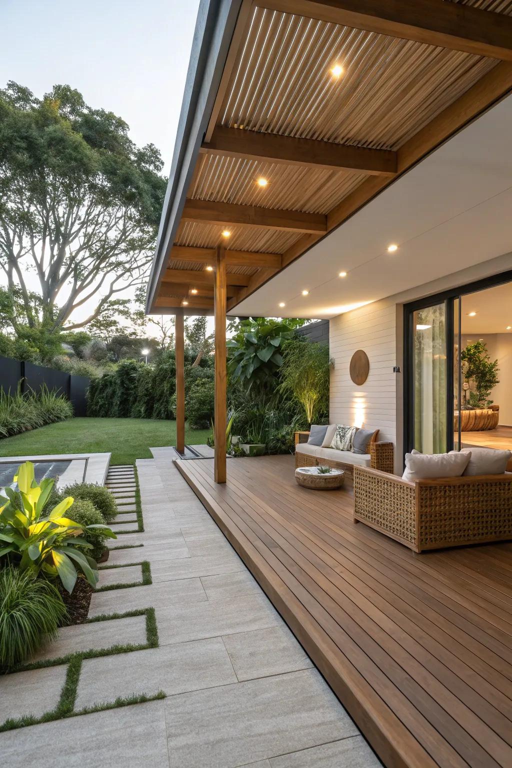 Eco-friendly materials in use on a modern sustainable patio.