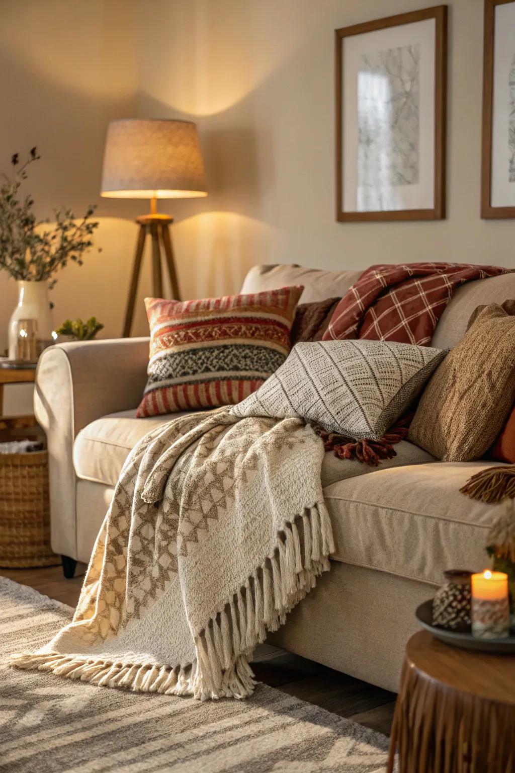 Layers of textiles enhance warmth and comfort in your living room.