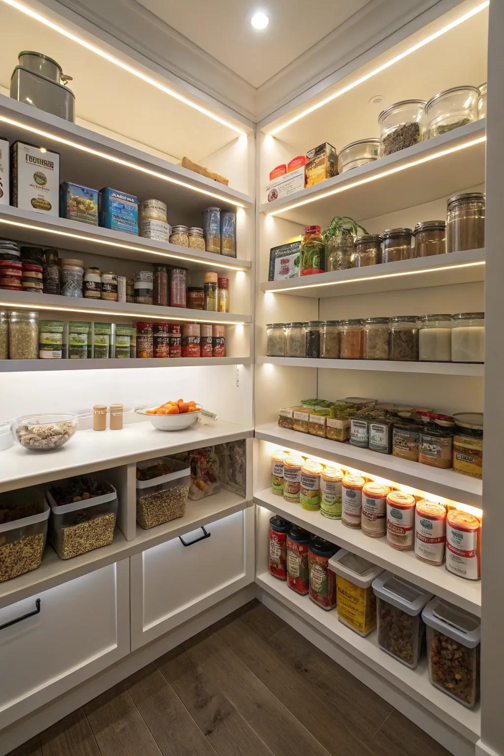 LED lights in a corner pantry for better visibility.