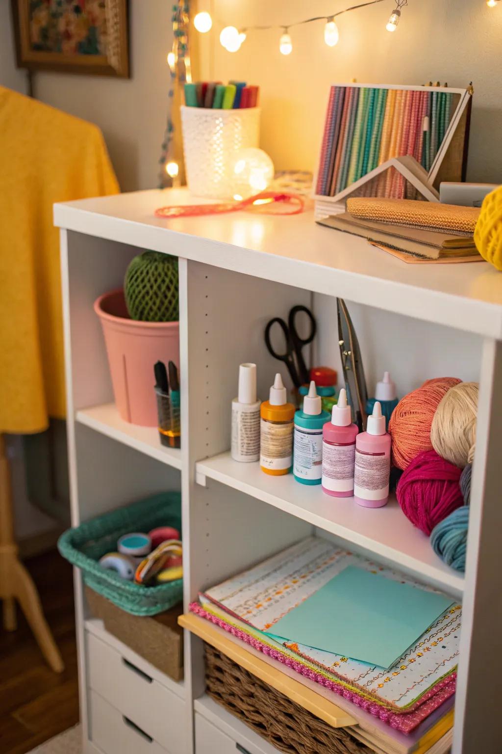 A corner shelf as a crafting station with supplies.