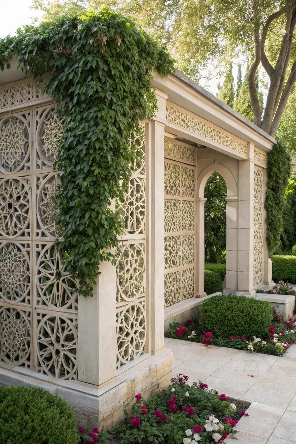 A trellis with intricate geometric patterns for visual interest.