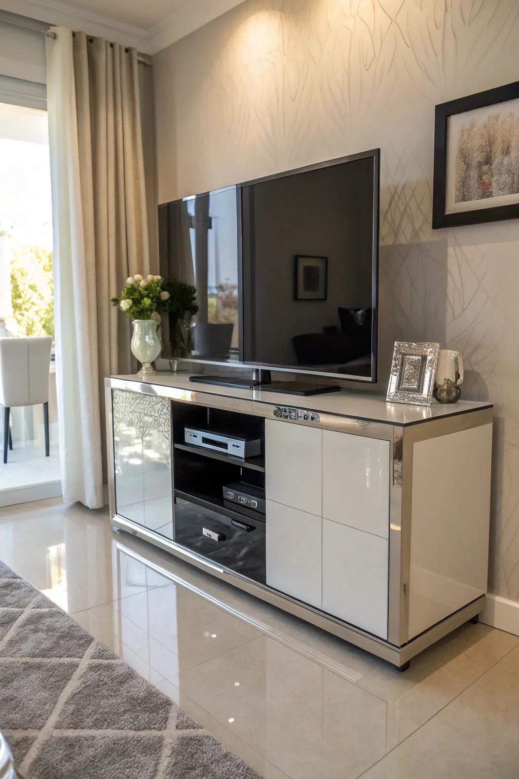 Reflective surfaces enhance light and space, elevating the corner TV setup.