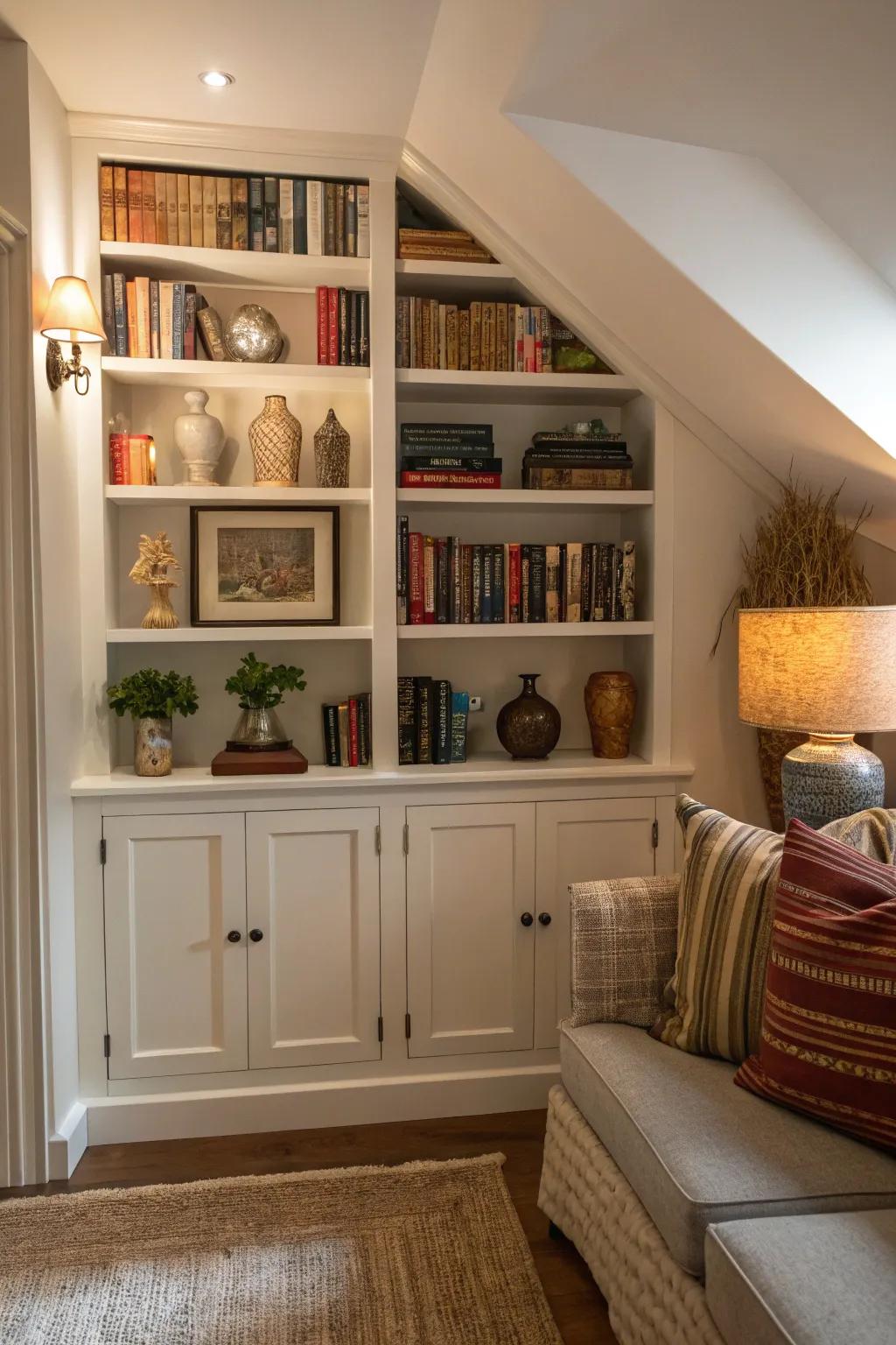Built-in corner shelving maximizes space and style.