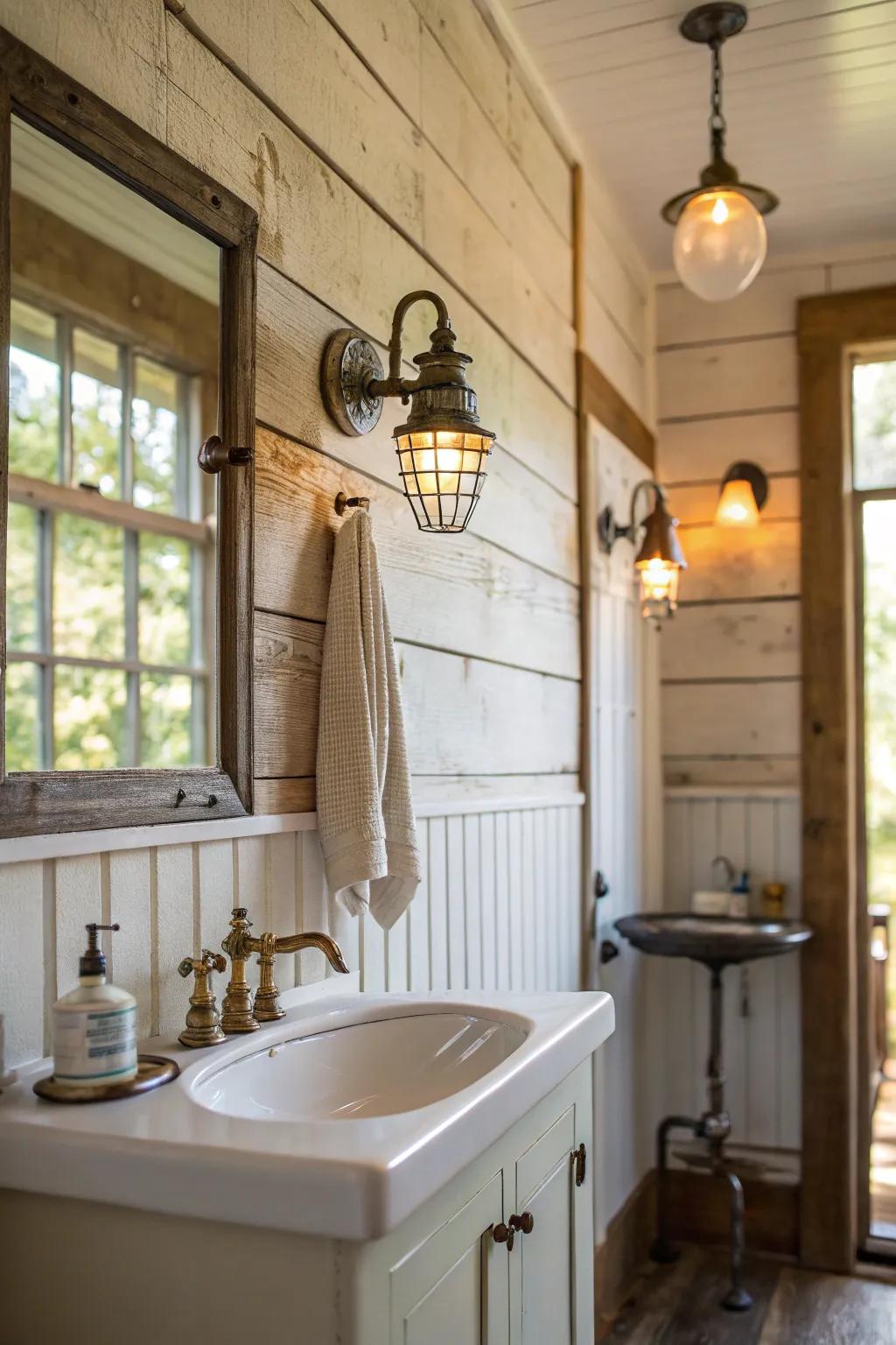 A country styled planking wall in a cozy cottage bathroom
