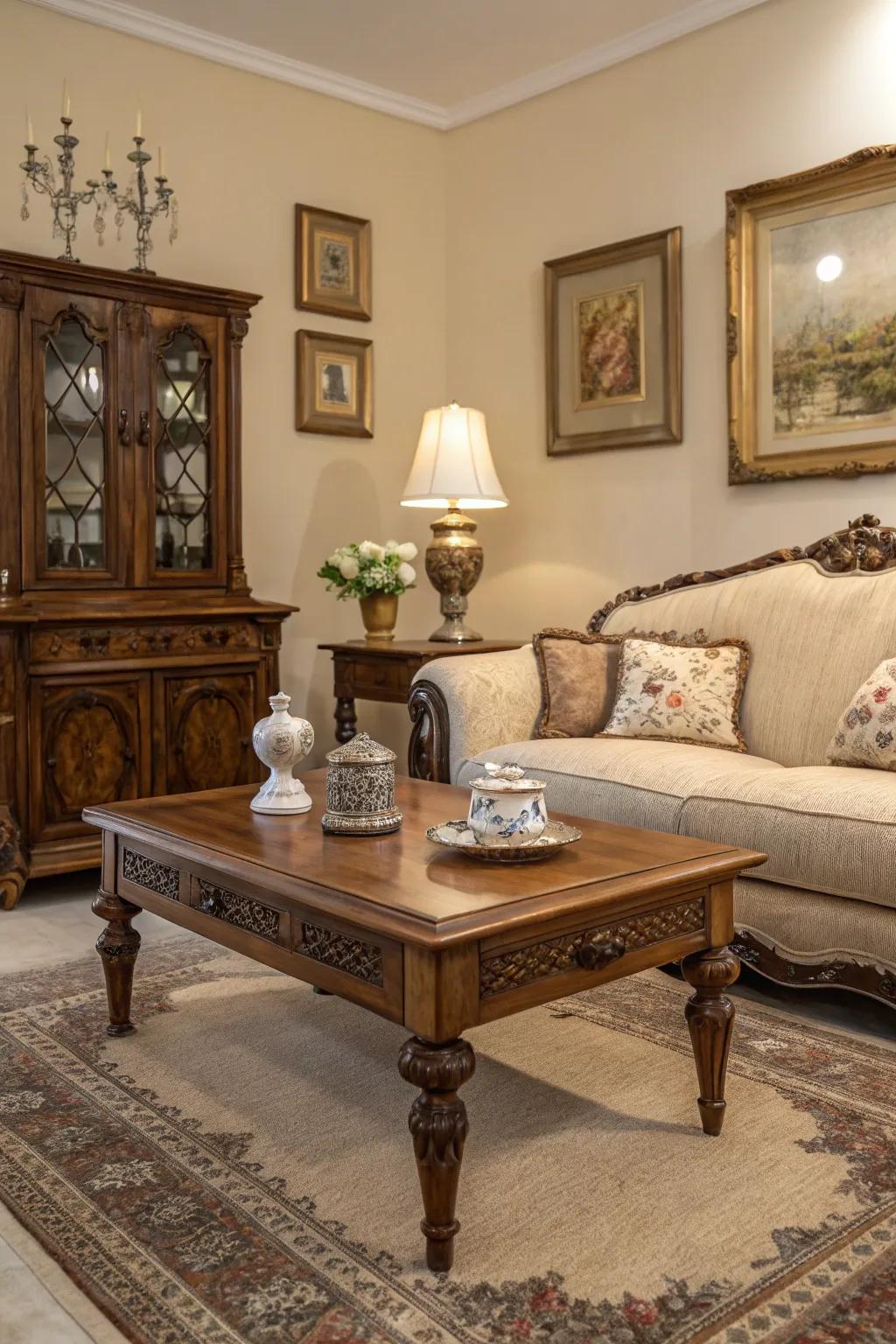 Antique finds add character and history to the living space.