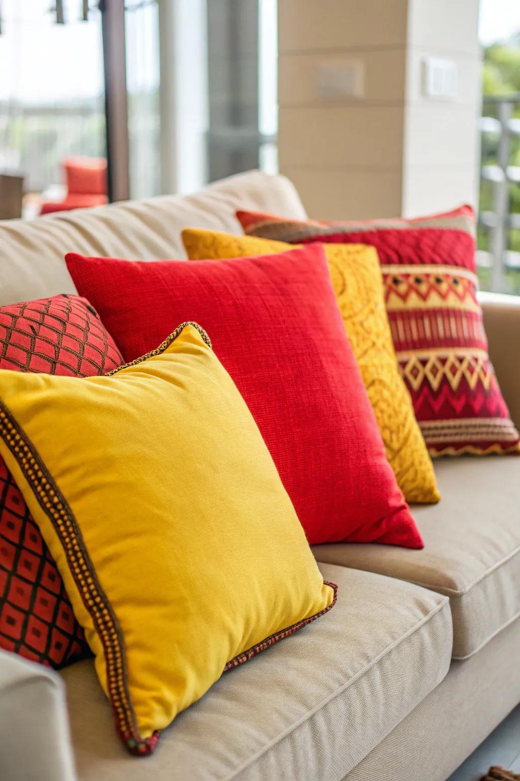 Bright cushions inject energy and vibrancy into the decor.