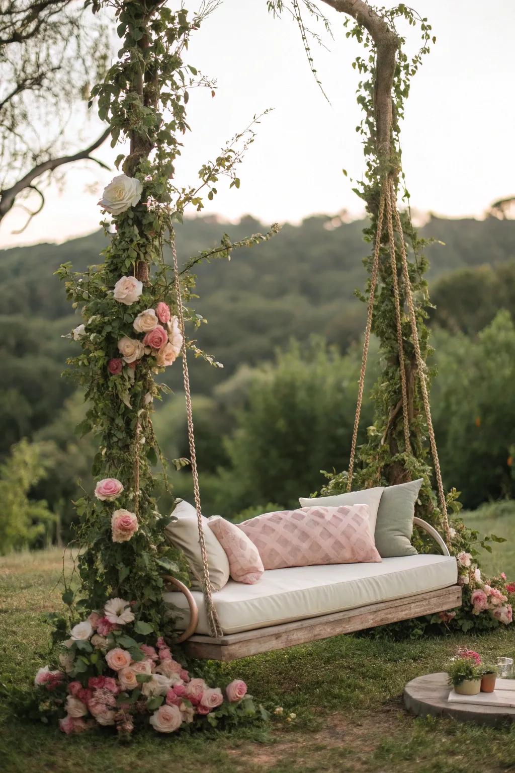 A whimsical padded swing wrapped in vines at a country wedding.