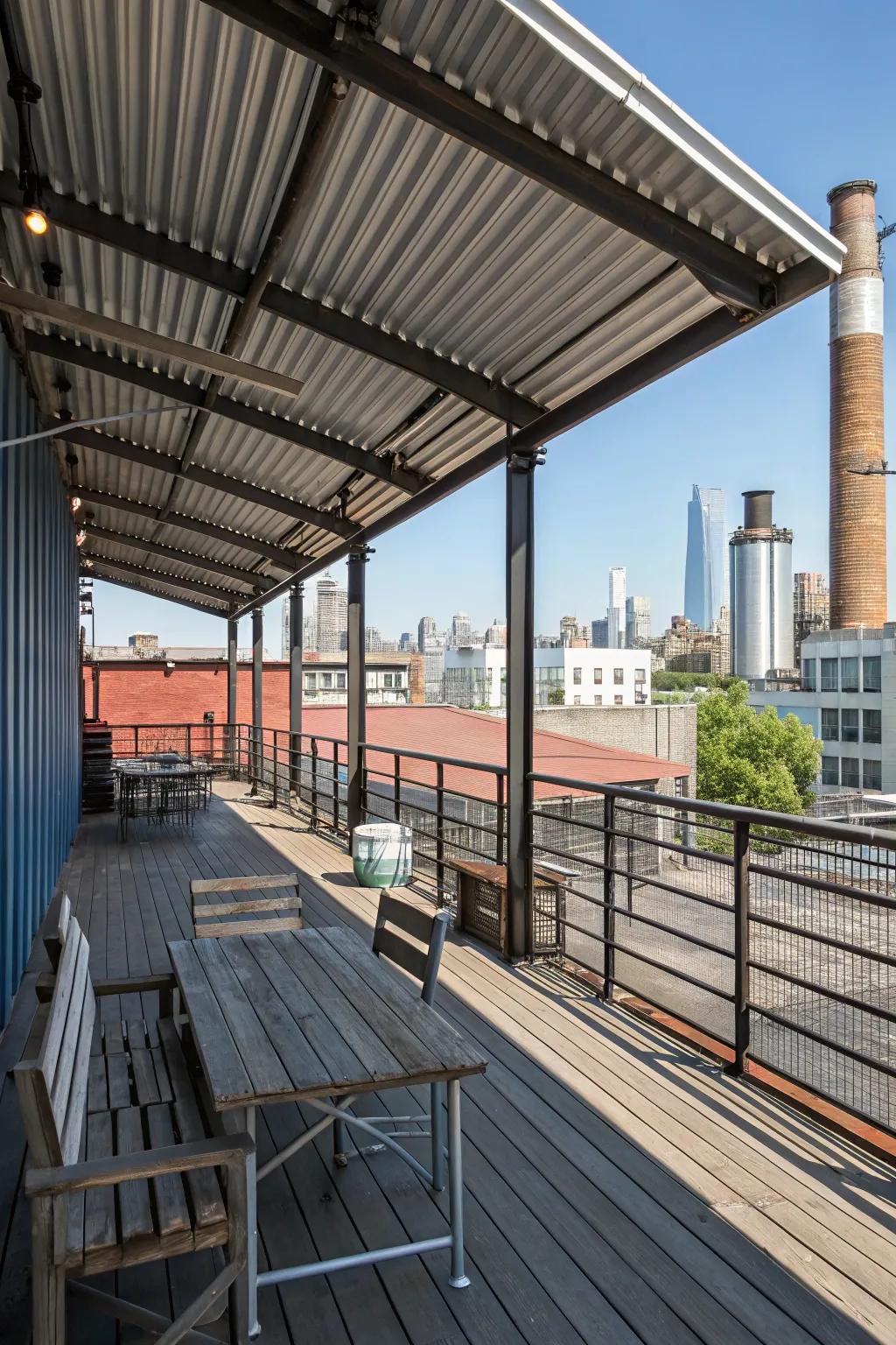 An industrial-style patio displaying a curved metal roof.