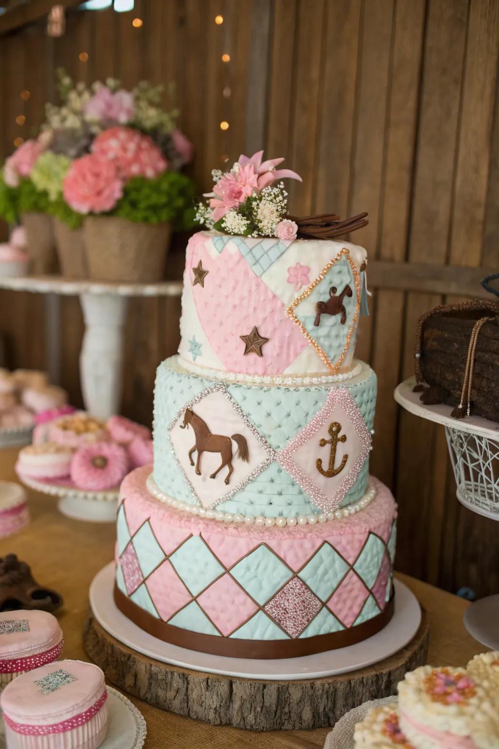 A patchwork quilt design injects texture and warmth into this cowgirl baby shower cake.