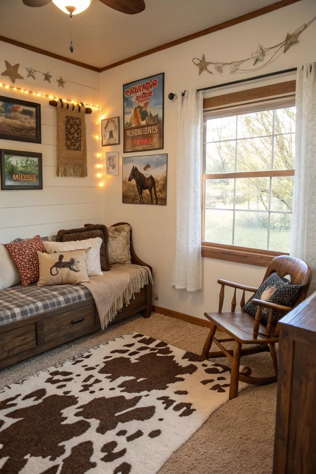 Cow print accents add a playful ranch vibe.