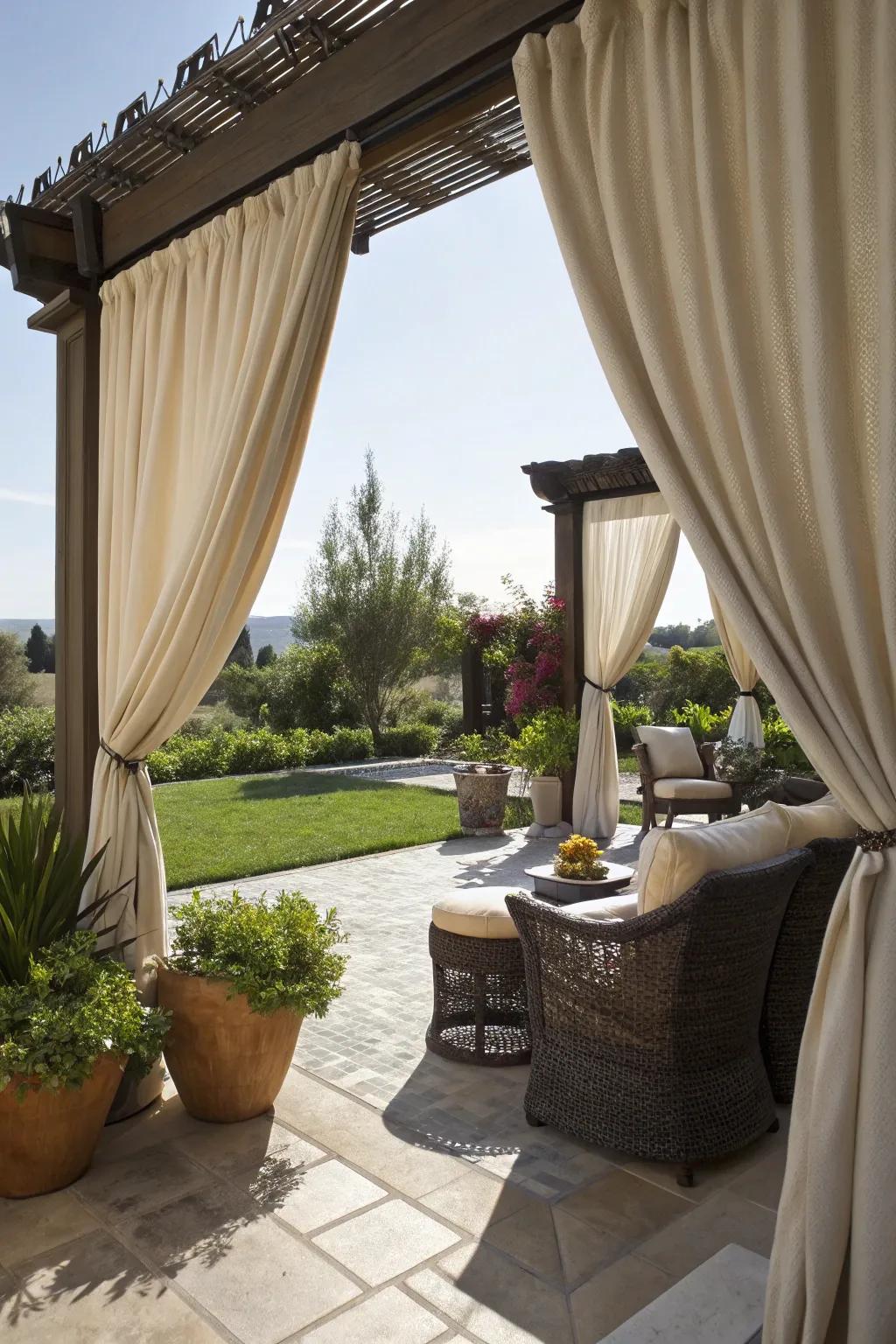 Exterior drapes offer privacy and elegance.
