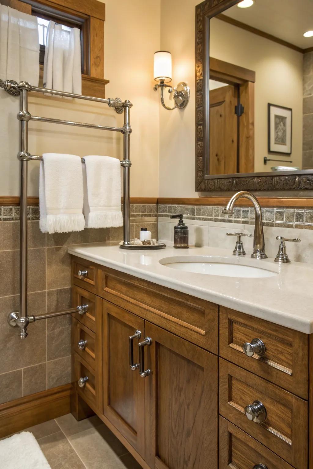 Sparkling details adding warmth and contrast to the craftsman bathroom.