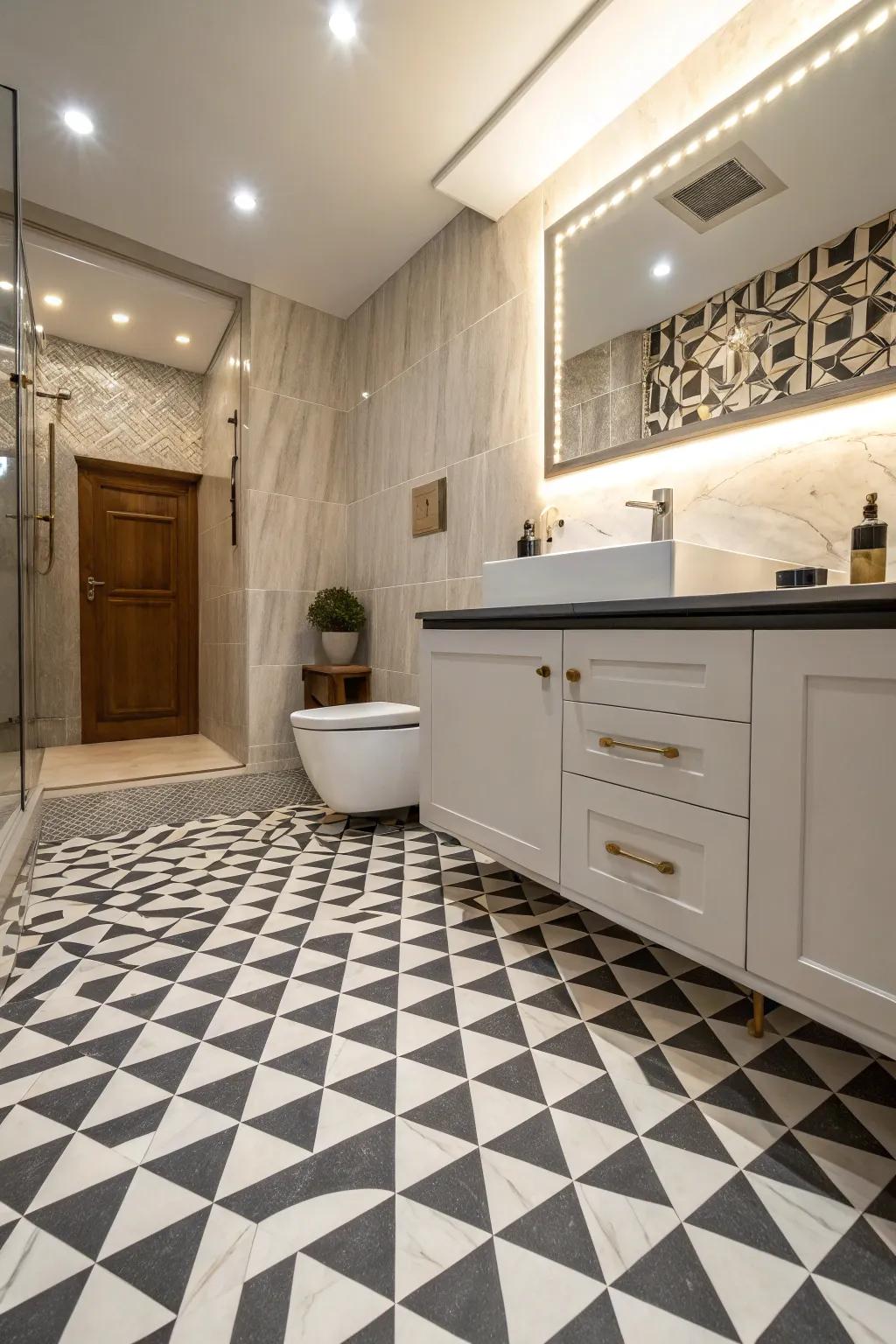 A bathroom floor that performs visual tricks using optical illusions.