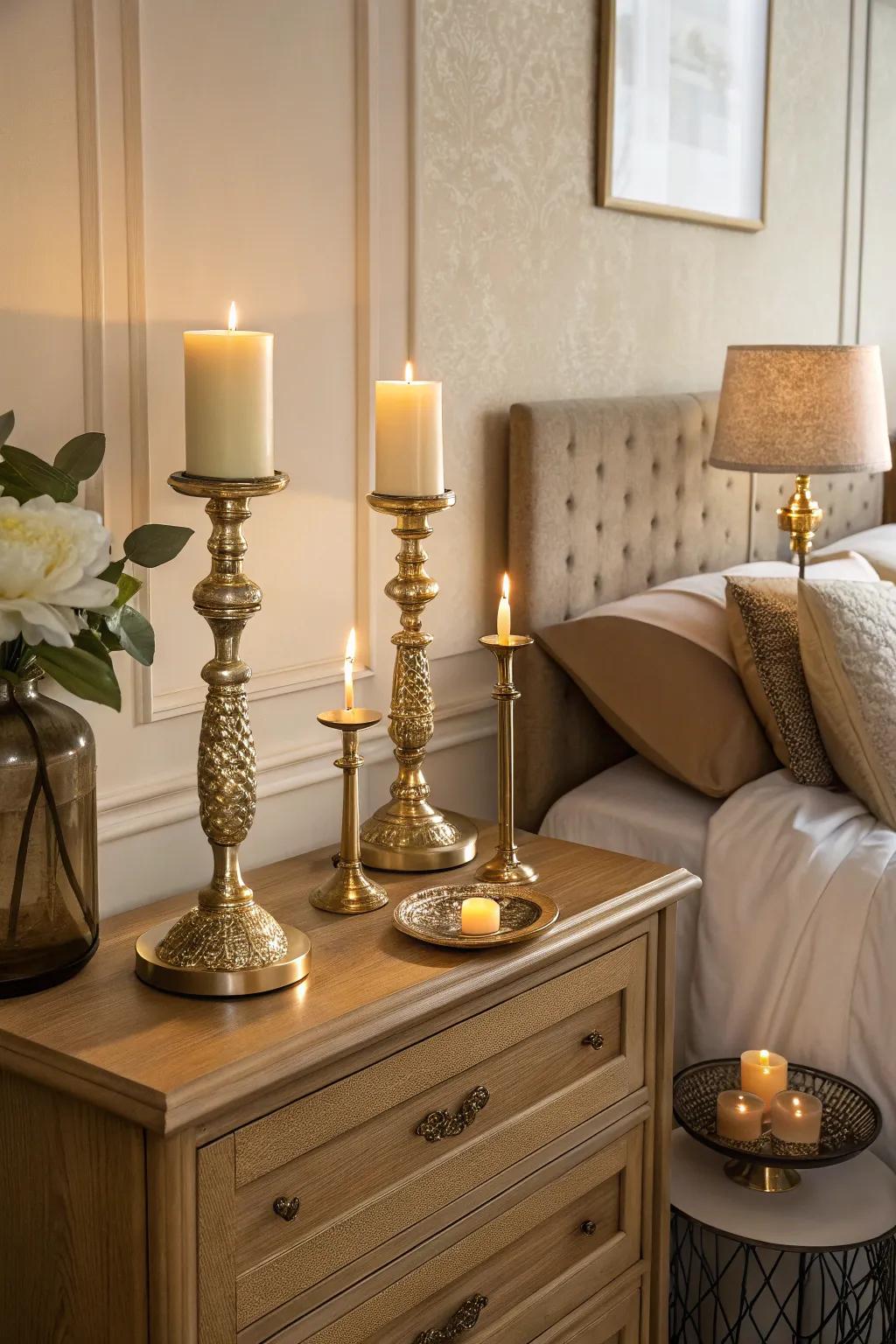 Gilded candle holders create a hot, relaxing atmosphere.