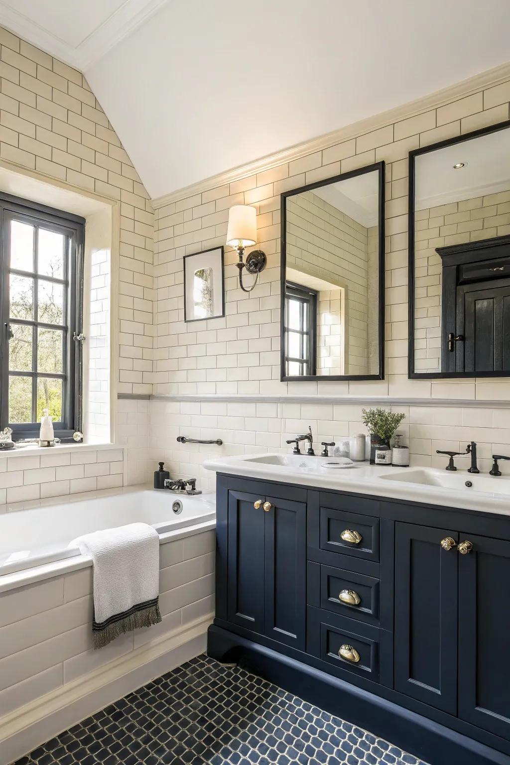Opposing colors add drama to this cream bathroom.
