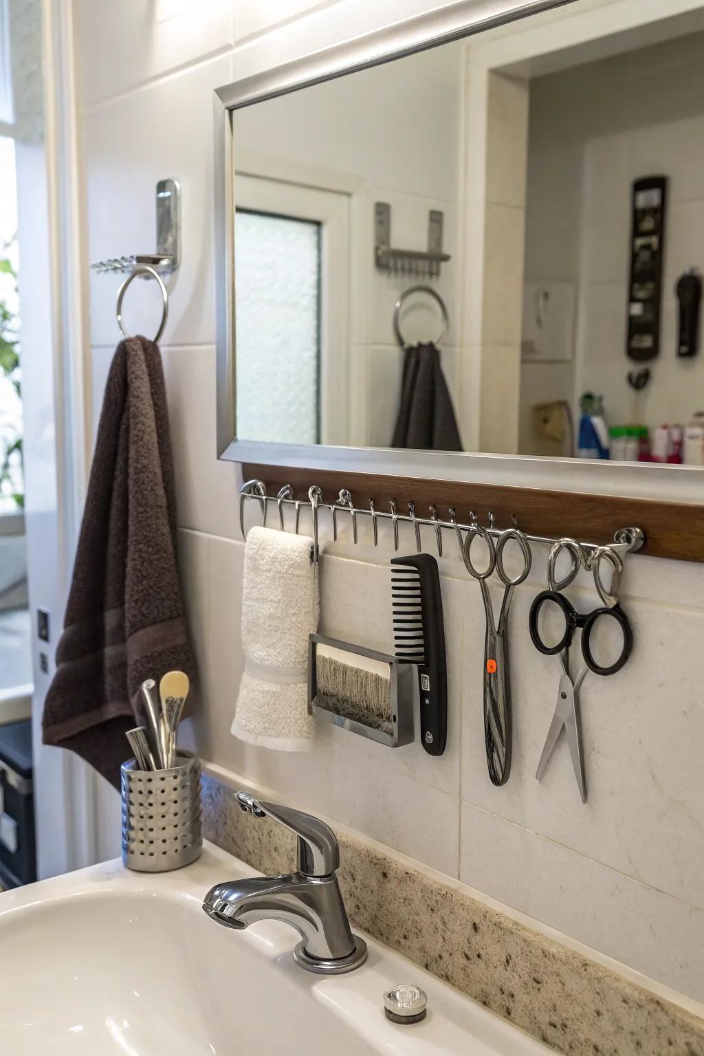 Magnetic strips arrange metal tools while keeping them visible and easily accessible.