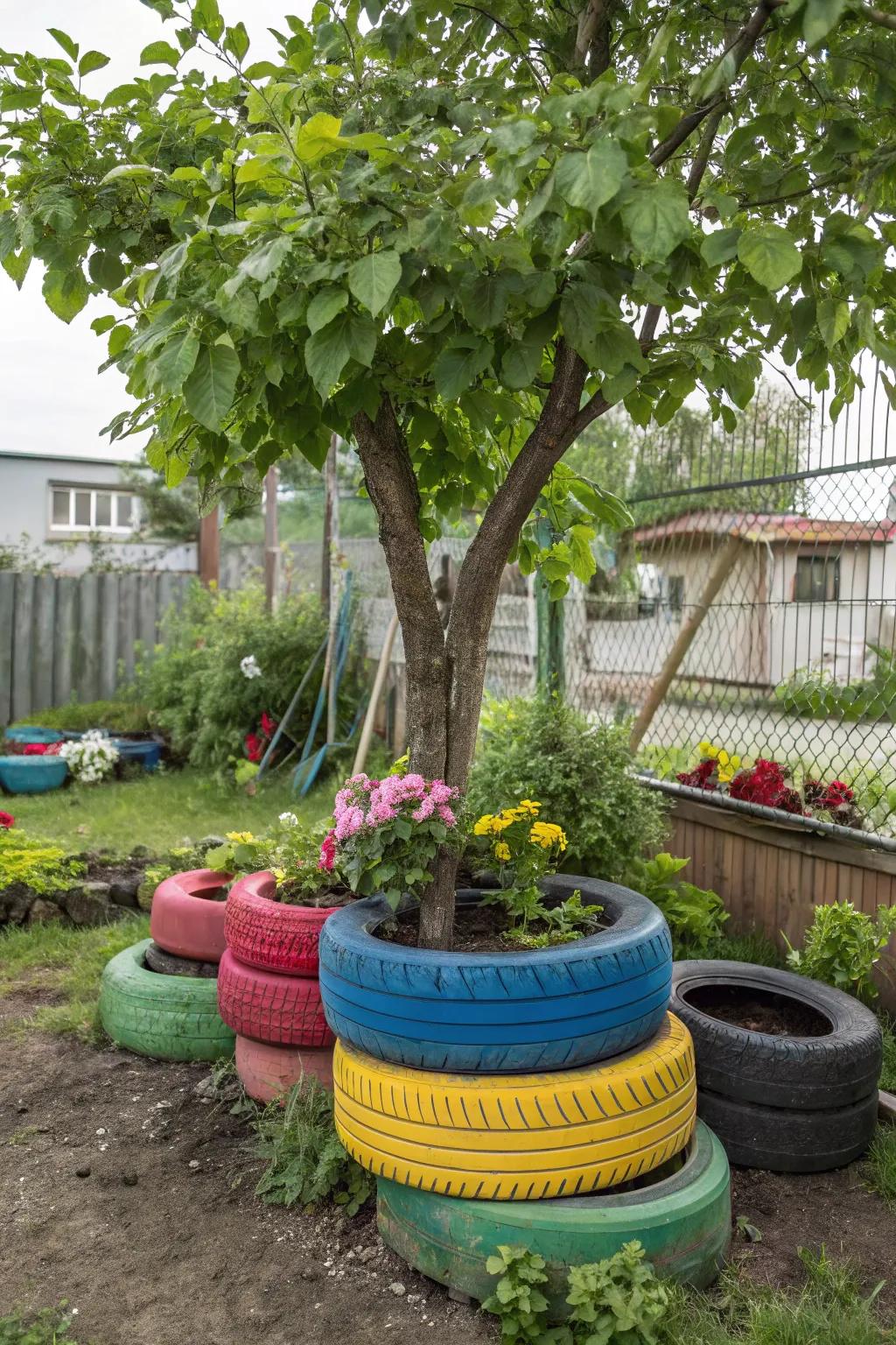 Innovative tire gardens delivering assistance for arbor proliferation.