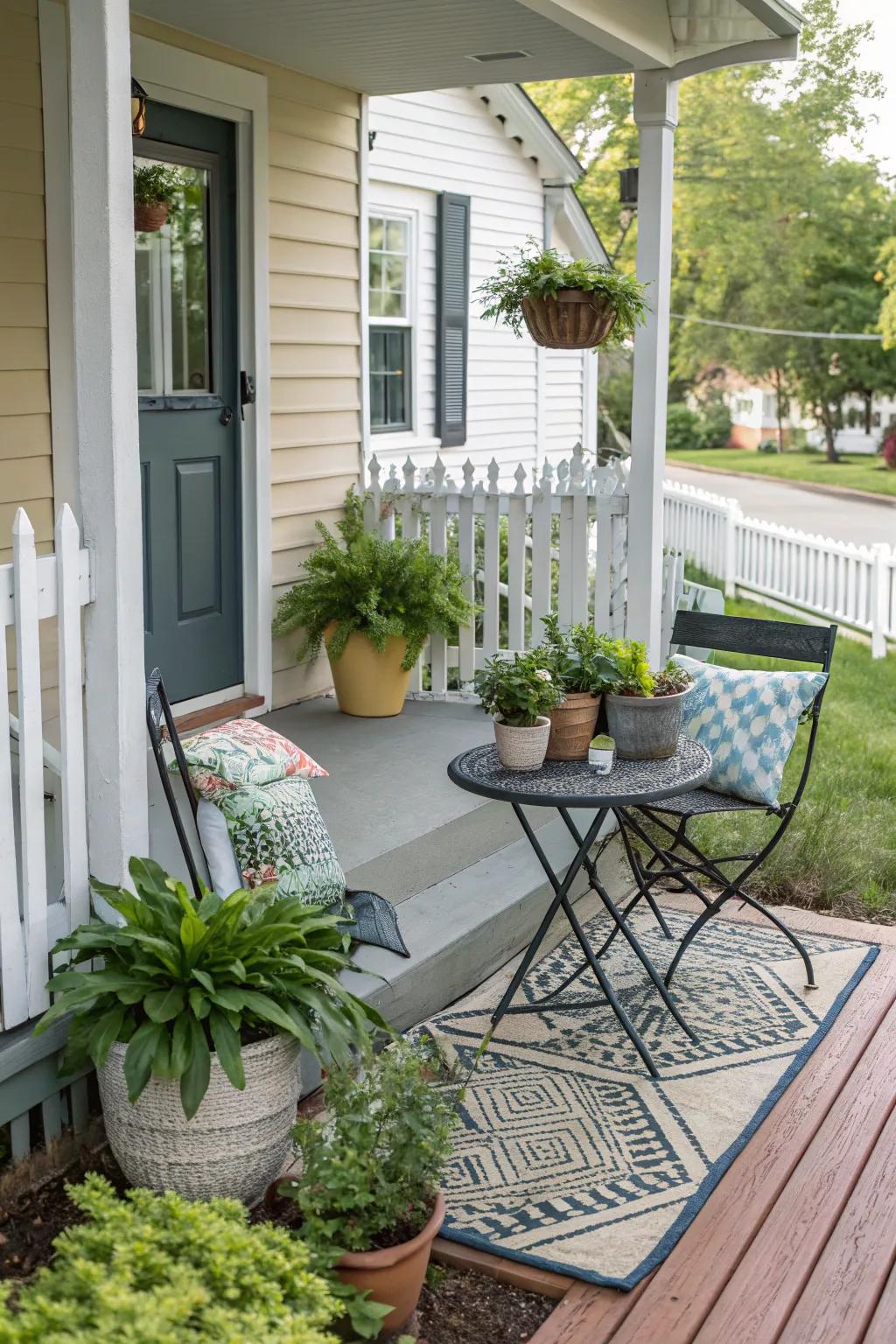 A small bistro set provides a cozy spot for relaxation on your porch.