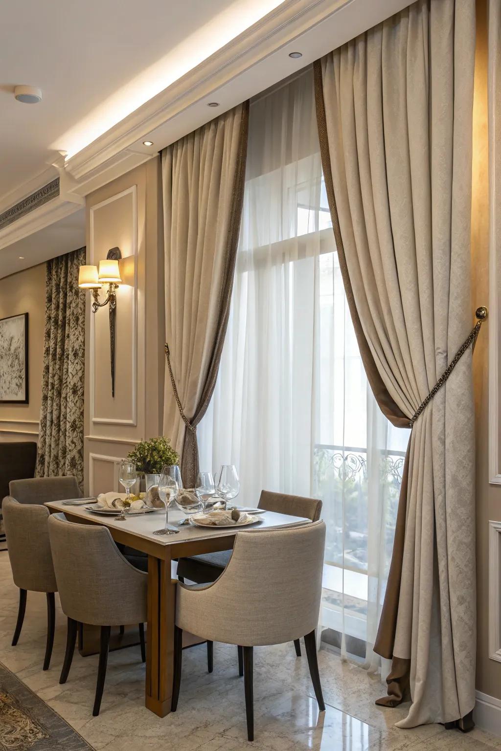 Refined tiebacks append elegance and utility to drapes.