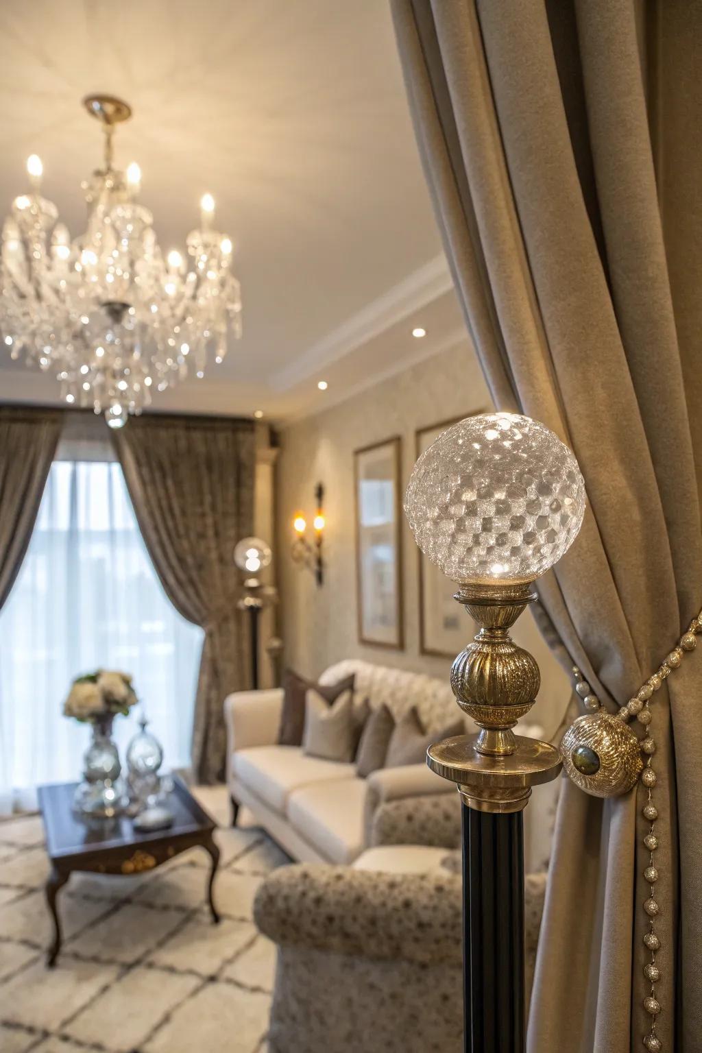 Crystal finials on curtain rods add vintage elegance and sparkle.
